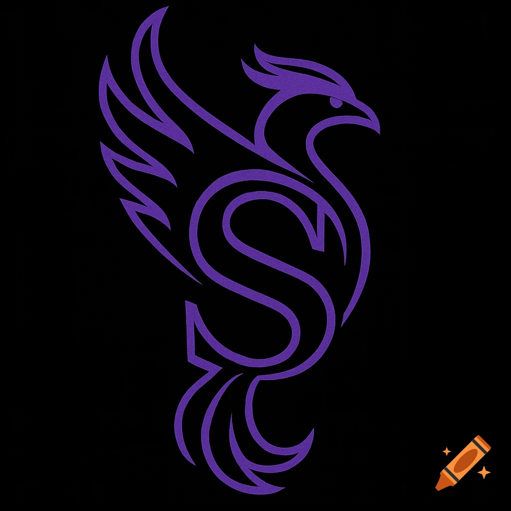 A stylized purple phoenix logo with an integrated 'S' on a black background.