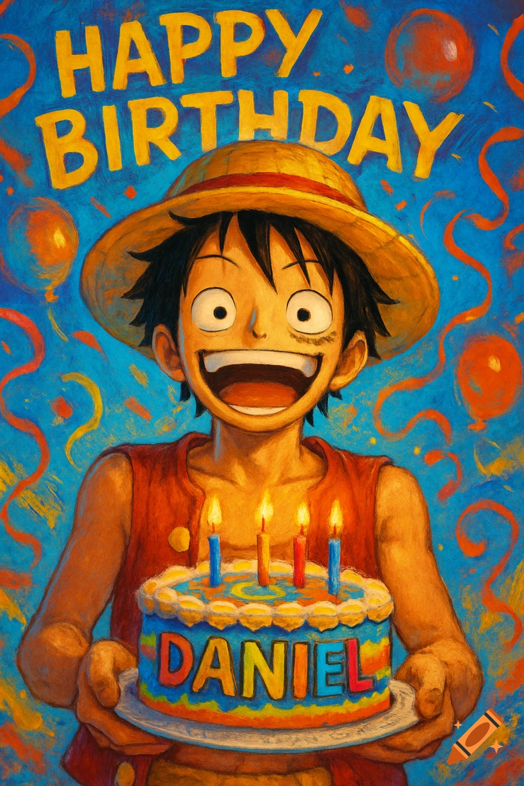 Luffy from One Piece holds a colorful birthday cake with 'DANIEL' on it, under 'HAPPY BIRTHDAY' text in a vibrant illustrated style.