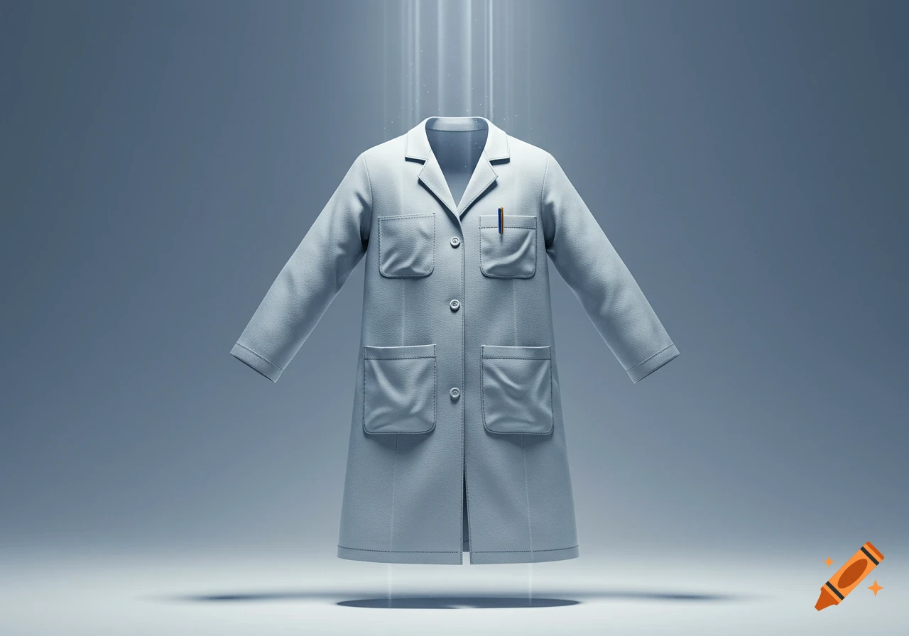 A clean white lab coat with multiple pockets floats in a bright, ethereal blue-grey space with light rays from above.