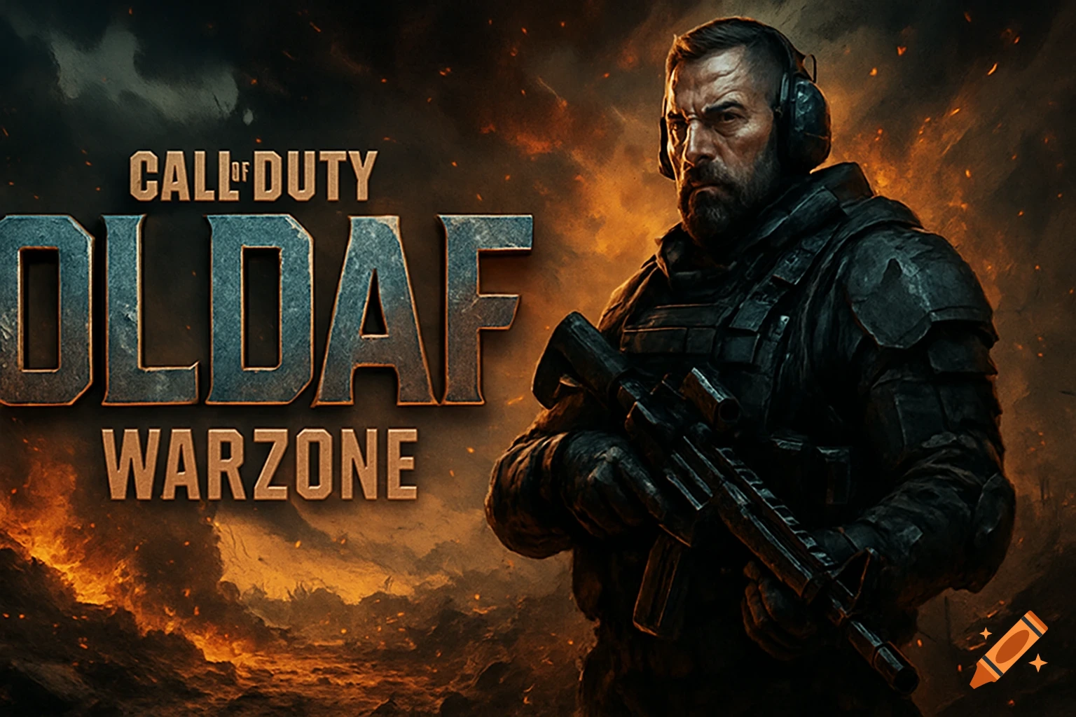 A rugged soldier in tactical gear with a rifle against a fiery, smoky background with "CALL OF DUTY OLDAF WARZONE" text.