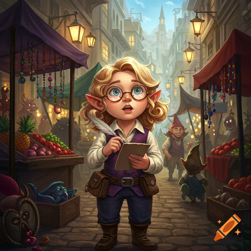 A cartoonish female gnome reporter with blonde curly hair and glasses writes on a notepad with a quill in a busy fantasy marketplace.