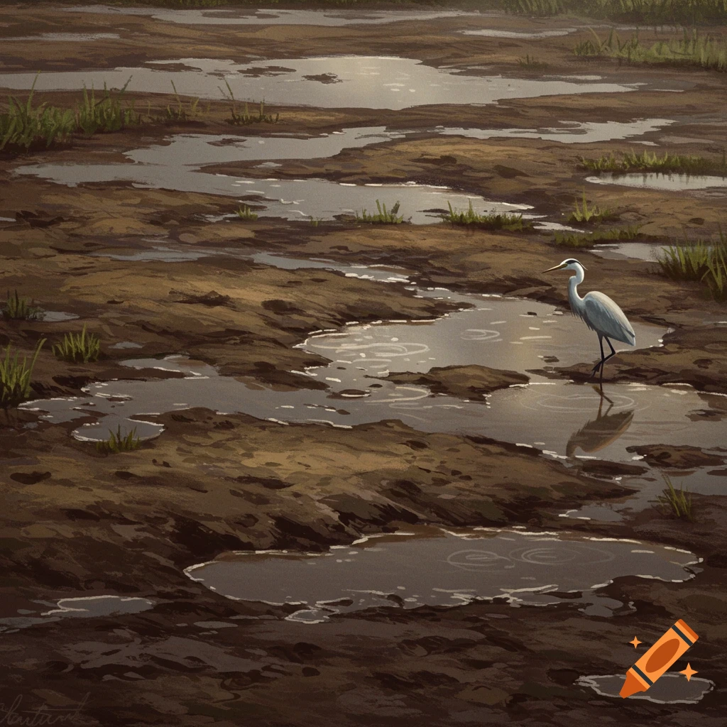 A white egret stands in a brown muddy field with scattered reflective puddles, in a painterly style.