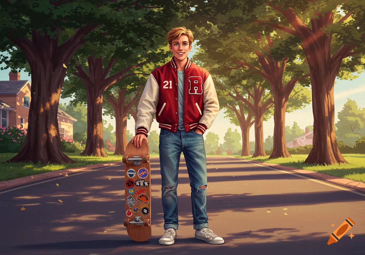 An illustrated young man in a red and white varsity jacket and jeans stands on a tree-lined street, holding a skateboard.