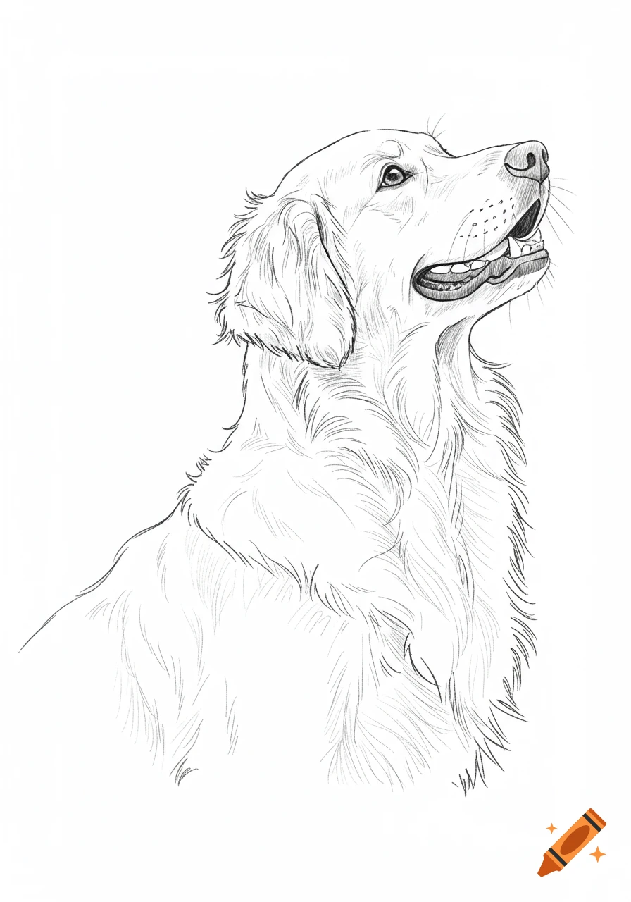 Side profile sketch of a happy golden retriever looking upwards.