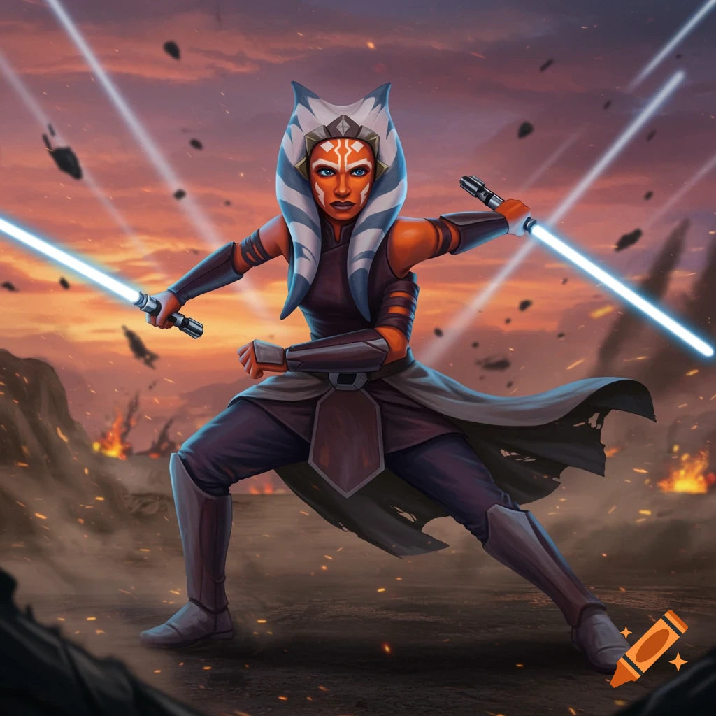 Ahsoka Tano stands in a dynamic pose, holding two glowing blue lightsabers against a fiery, battle-scarred sunset landscape.