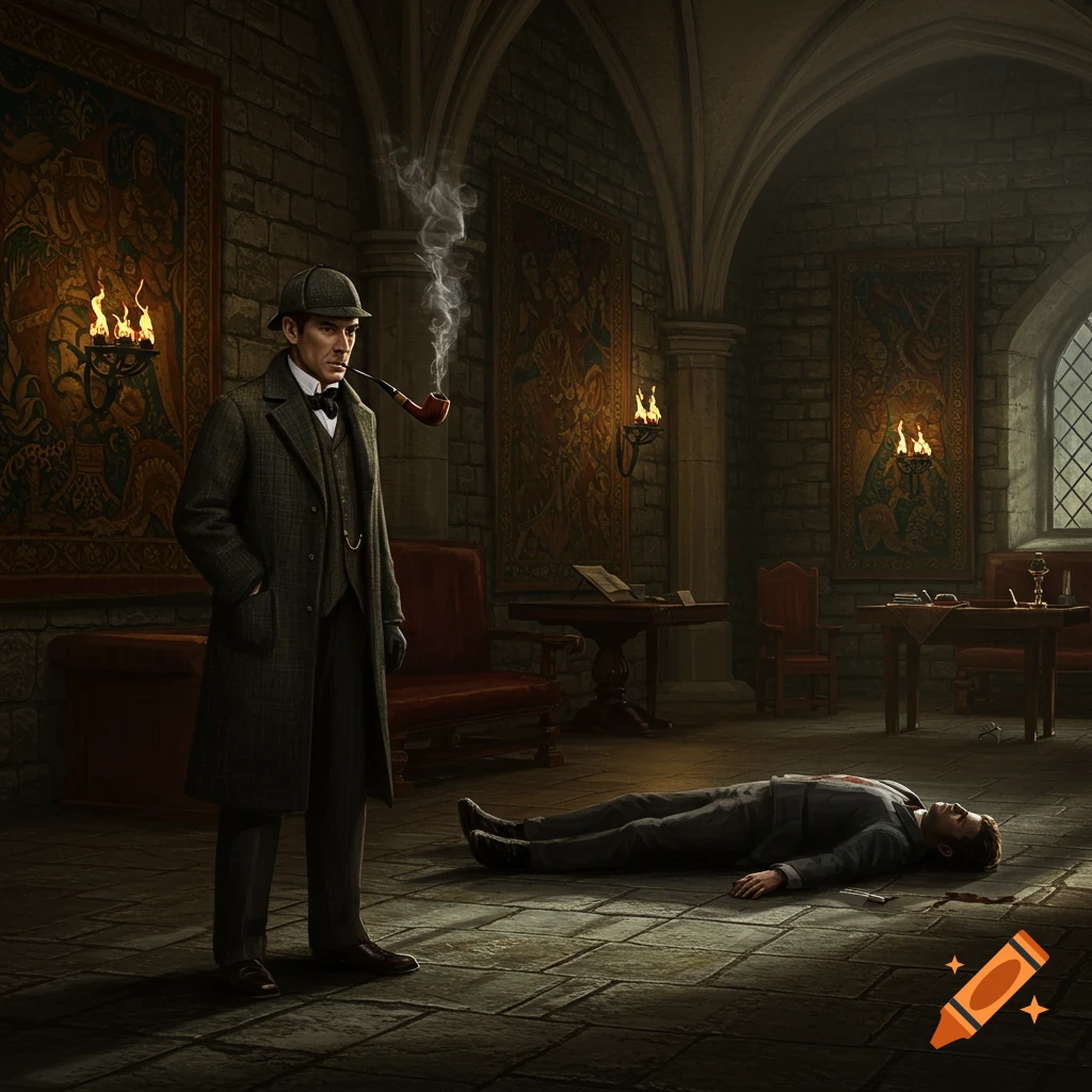 Sherlock Holmes smoking a pipe while looking at a dead body on the stone floor of a castle, illuminated by firelight.