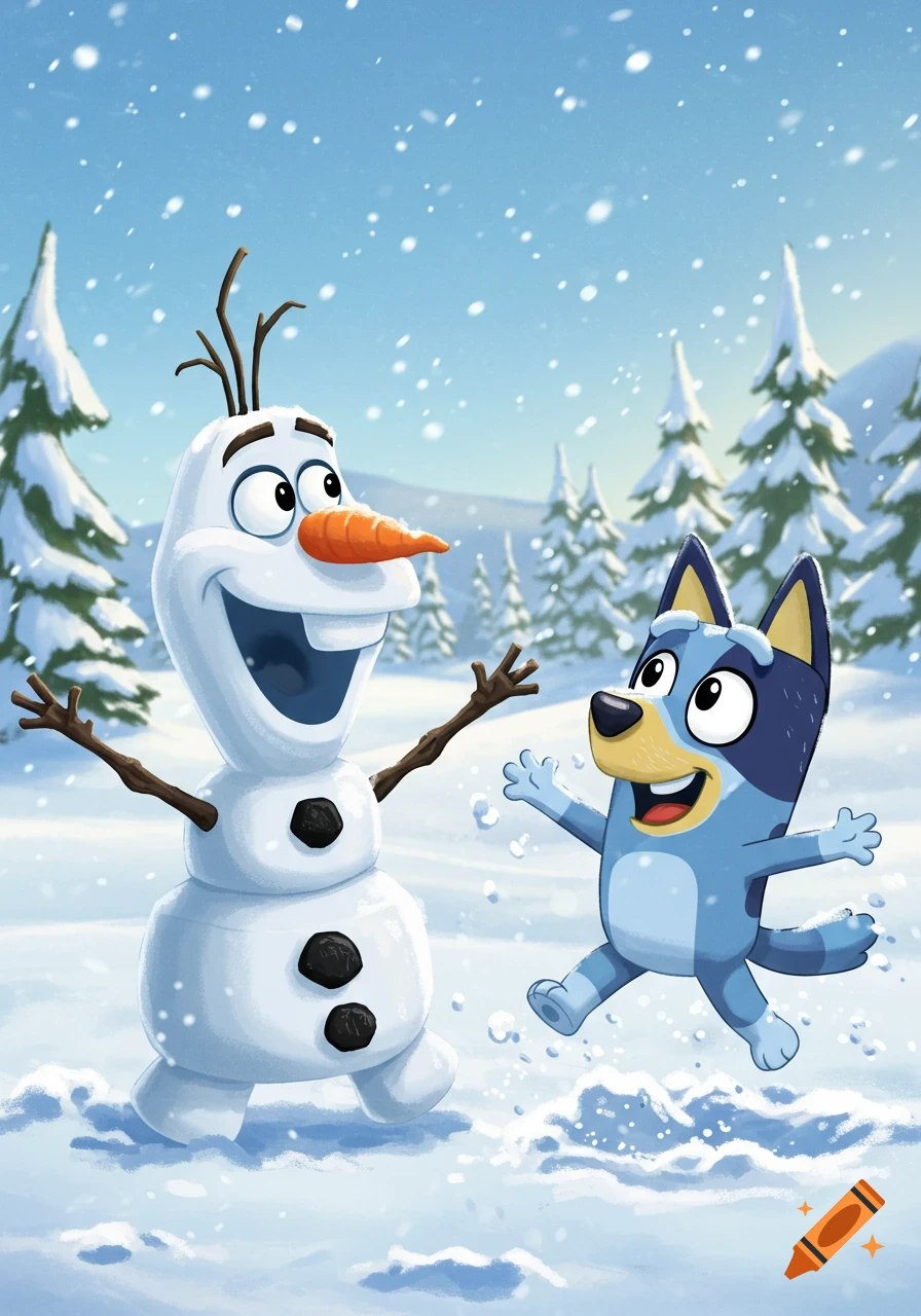Olaf the snowman and Bluey the blue dog cheerfully playing in a snowy, cartoon winter scene.
