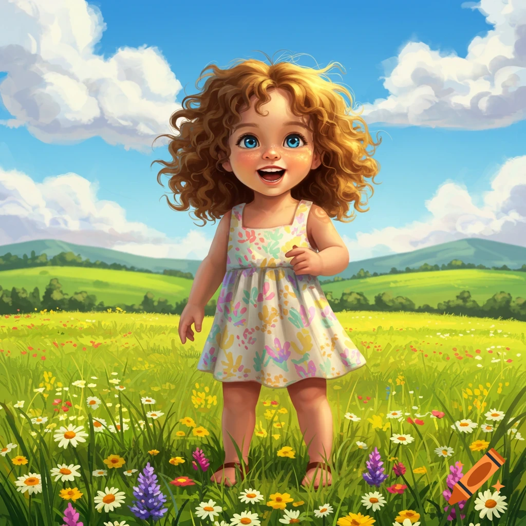 A cute, happy cartoon girl with curly red hair and blue eyes stands in a vibrant wildflower meadow under a blue sky.