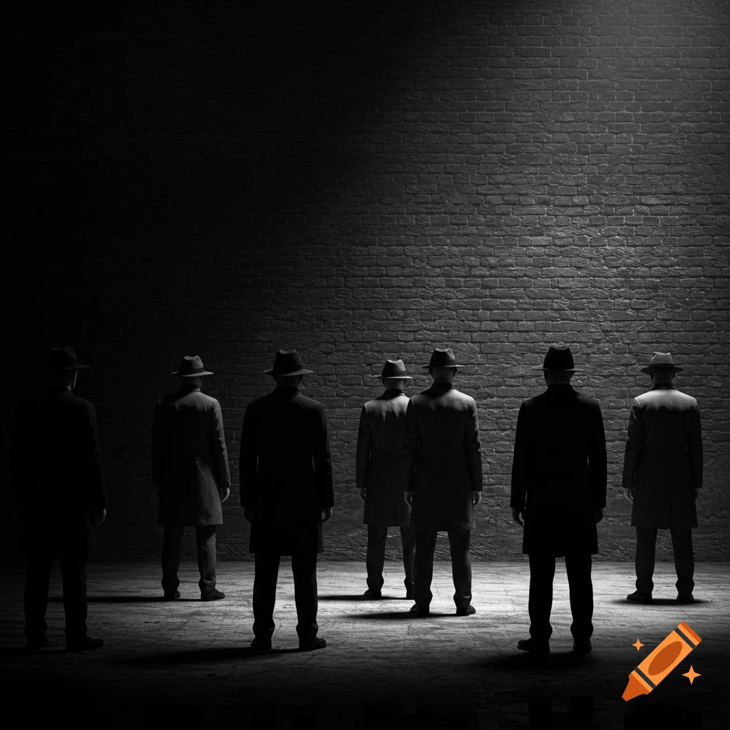 A group of men in fedora hats and trench coats stand with their backs to the viewer, facing a dimly lit brick wall.