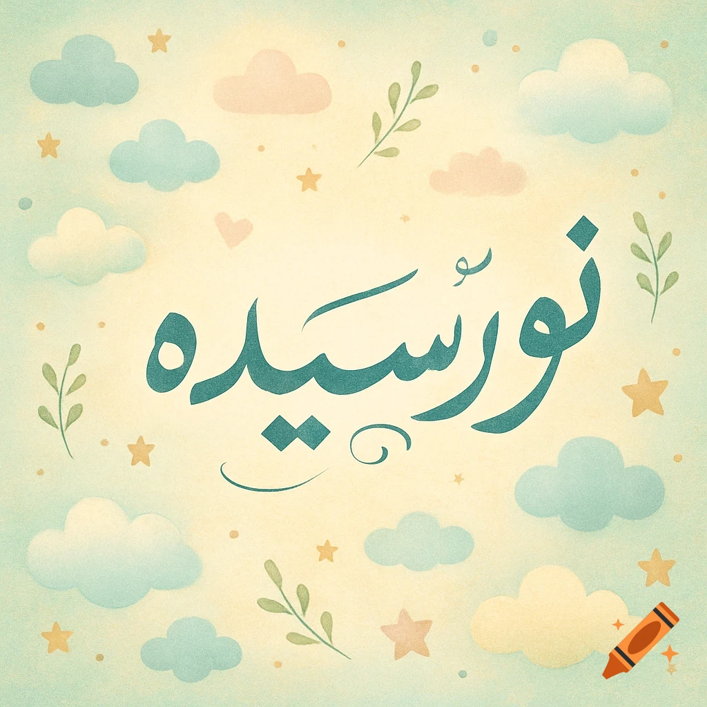Persian calligraphy for 'Nawrasideh' (newborn) in teal against a soft pastel background with clouds, stars, and leaves.