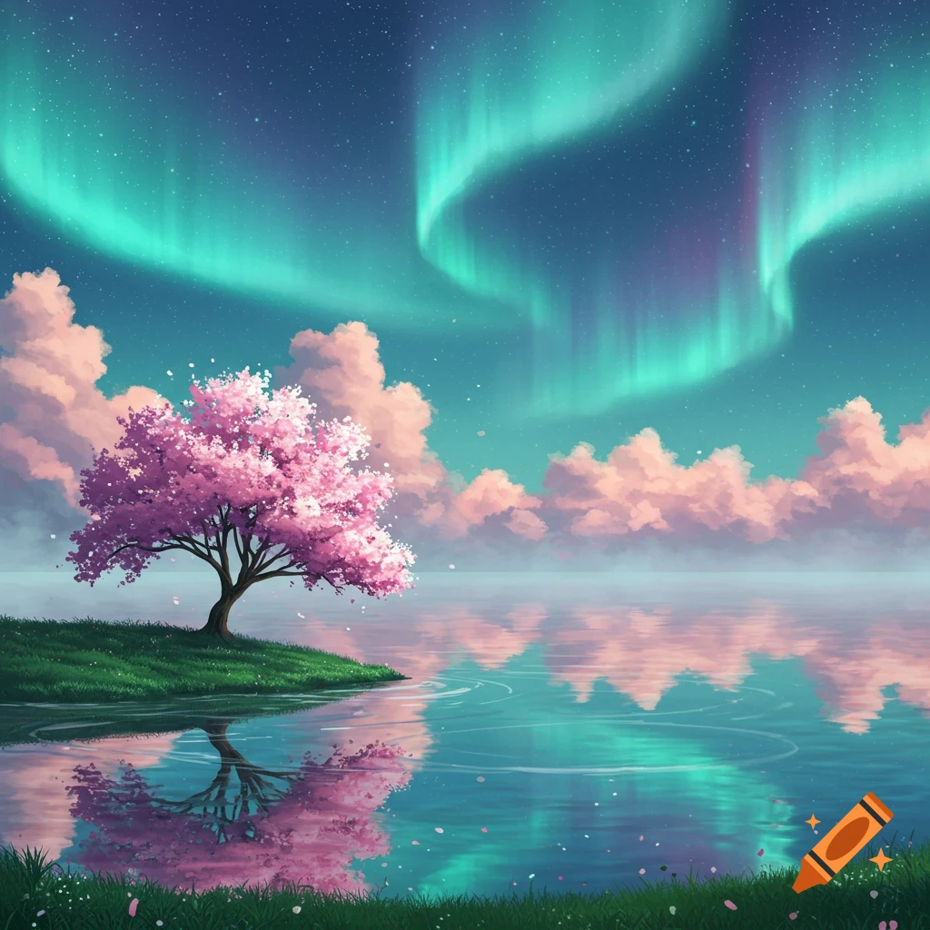 A cherry blossom tree on a grassy island reflected in a lake under a starry sky with vibrant green and purple aurora borealis and pink clouds, in an illustrative style.