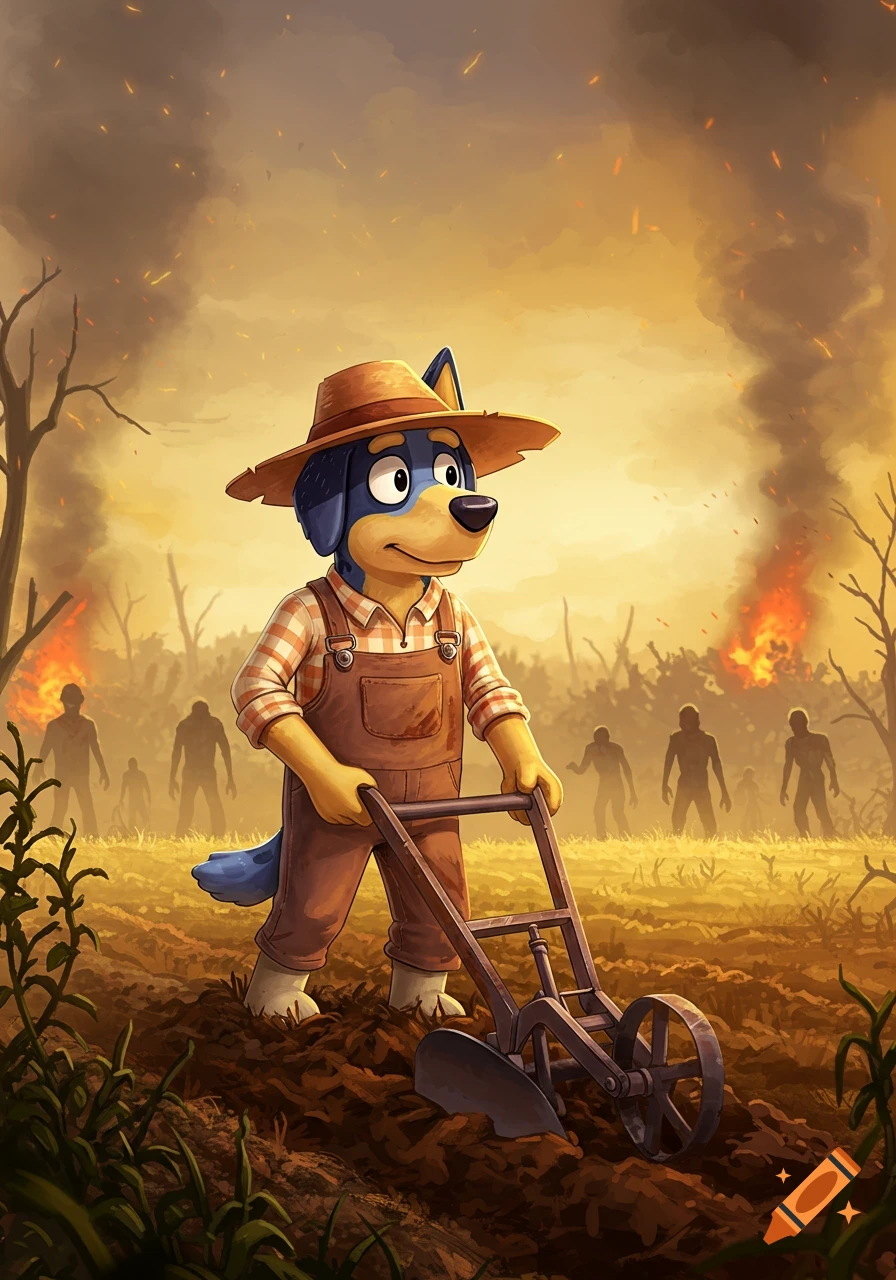Cartoon blue dog-like character, Bandit from Bluey, plowing a field amidst a smoky, fiery zombie apocalypse.