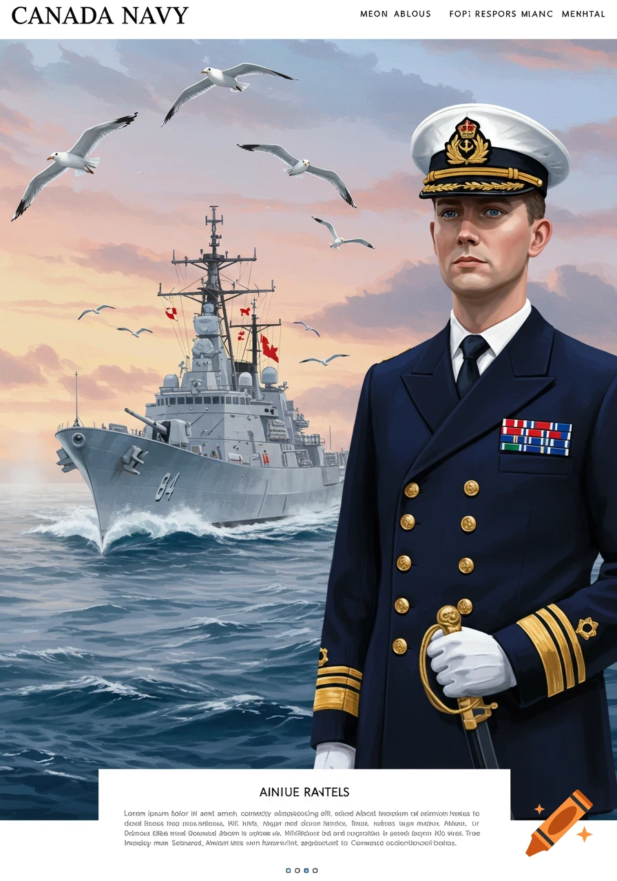 An illustration of a Canadian Navy officer in uniform with a warship and seagulls in the background at sunset.