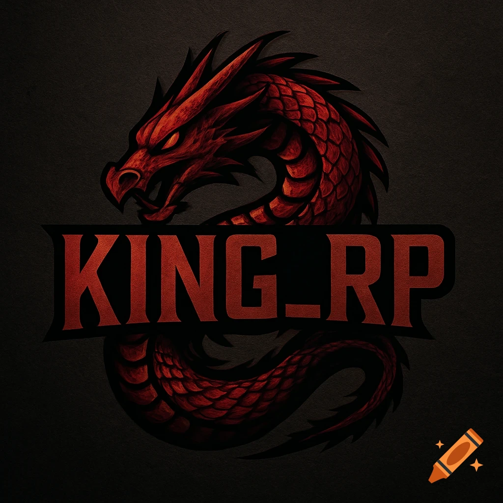 A fierce red dragon logo with glowing eyes, its body coiling around a dark banner displaying the text "KING_RP" in bold red letters against a textured black background.