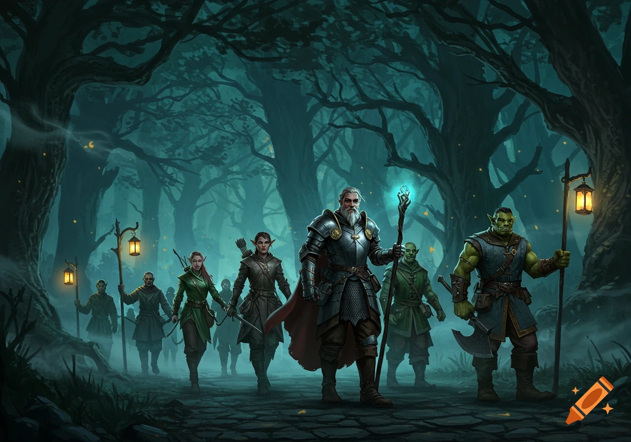 A diverse group of fantasy adventurers, including a knight, elves, and an orc, trek through a dark, misty forest carrying lanterns.
