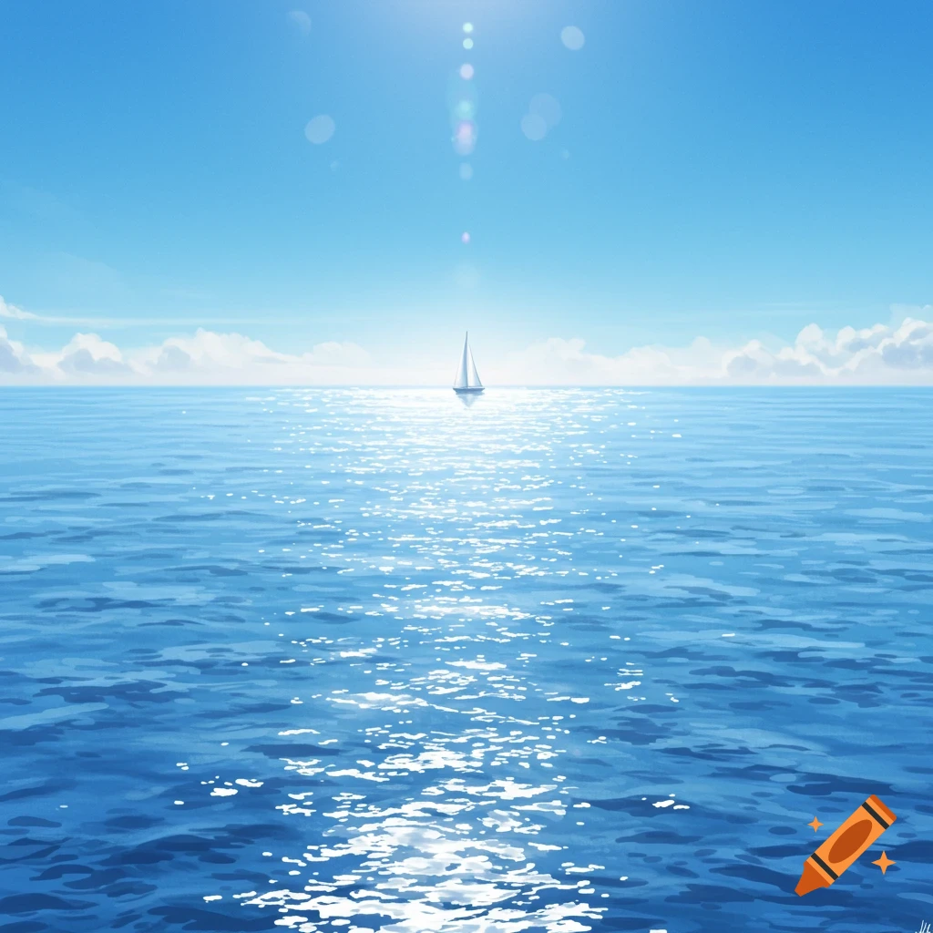 A lone sailboat sails on a shimmering blue ocean under a bright clear sky.