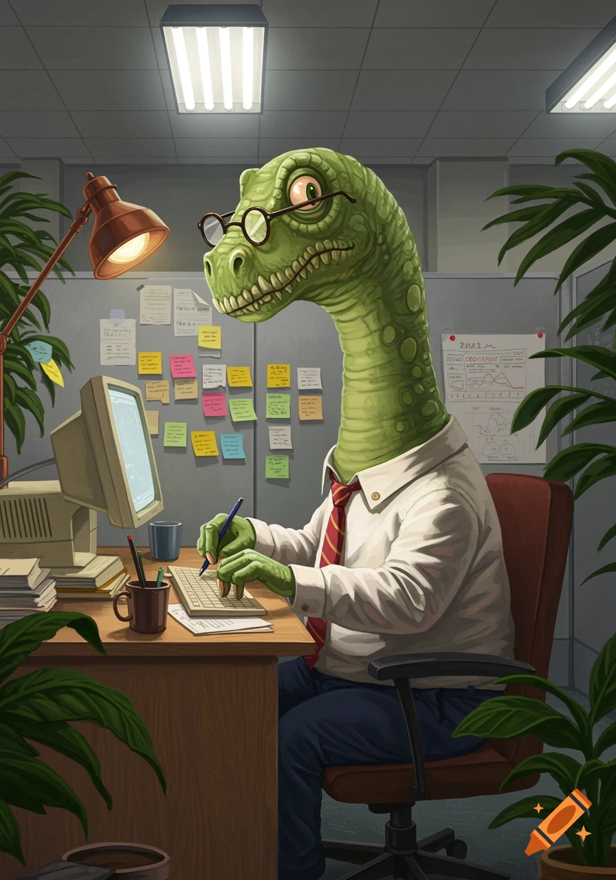 A green, cartoonish dinosaur wearing glasses and a shirt and tie sits at an office desk, typing on a keyboard.