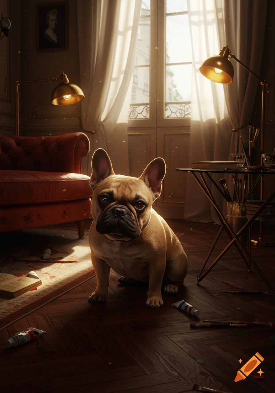 A fawn French bulldog sits on a wooden floor in a sunlit room, surrounded by art supplies, a red couch, and lamps.