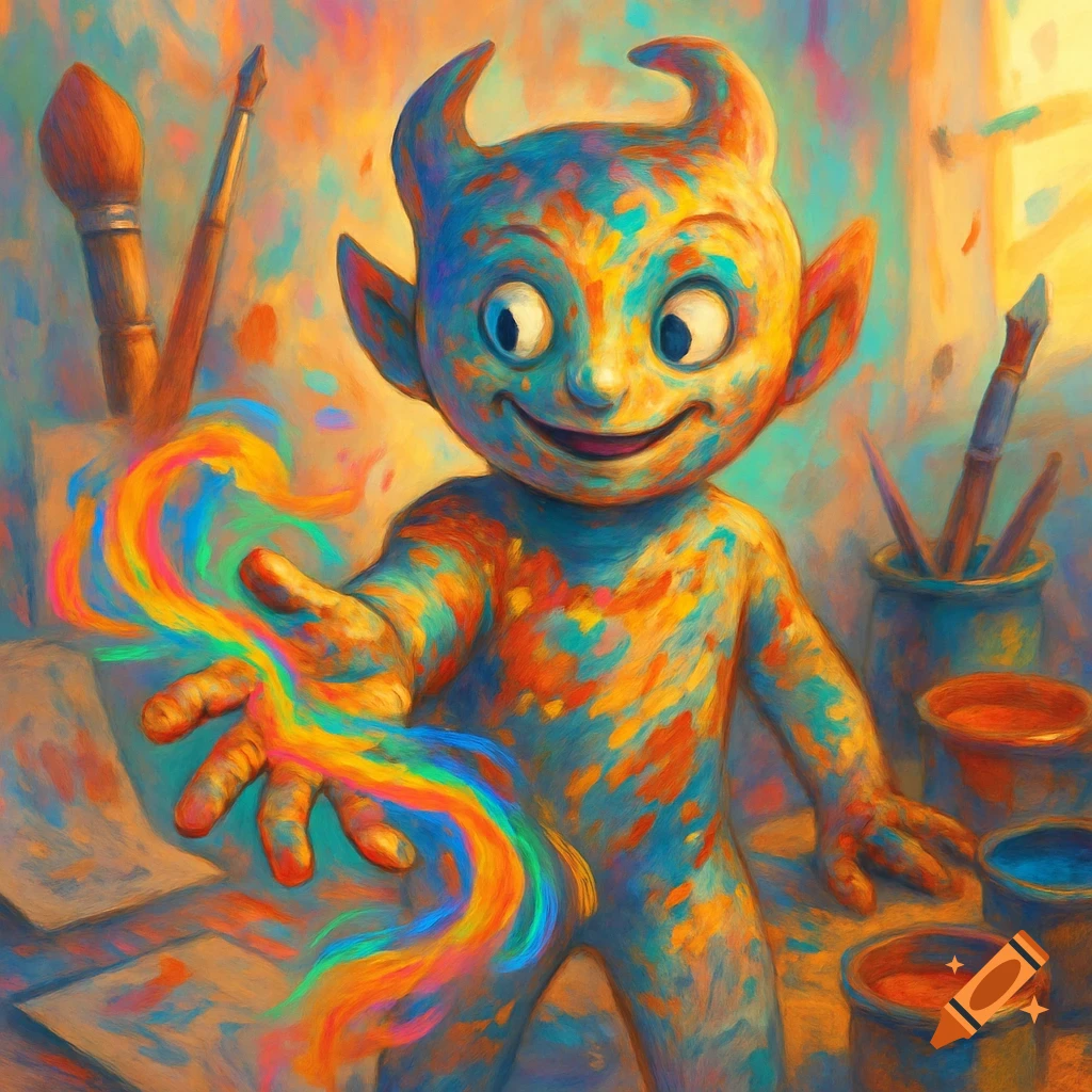 A cheerful, paint-splattered, horned creature in an art studio, conjuring a vibrant rainbow swirl from its hand in a painterly style.