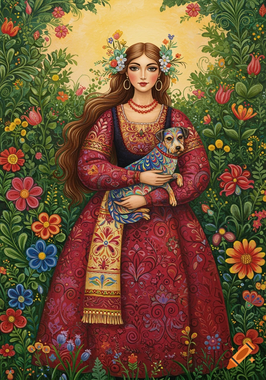 Folk art painting of a woman with long hair and flowers, holding a small dog, surrounded by vibrant flowers and green foliage.