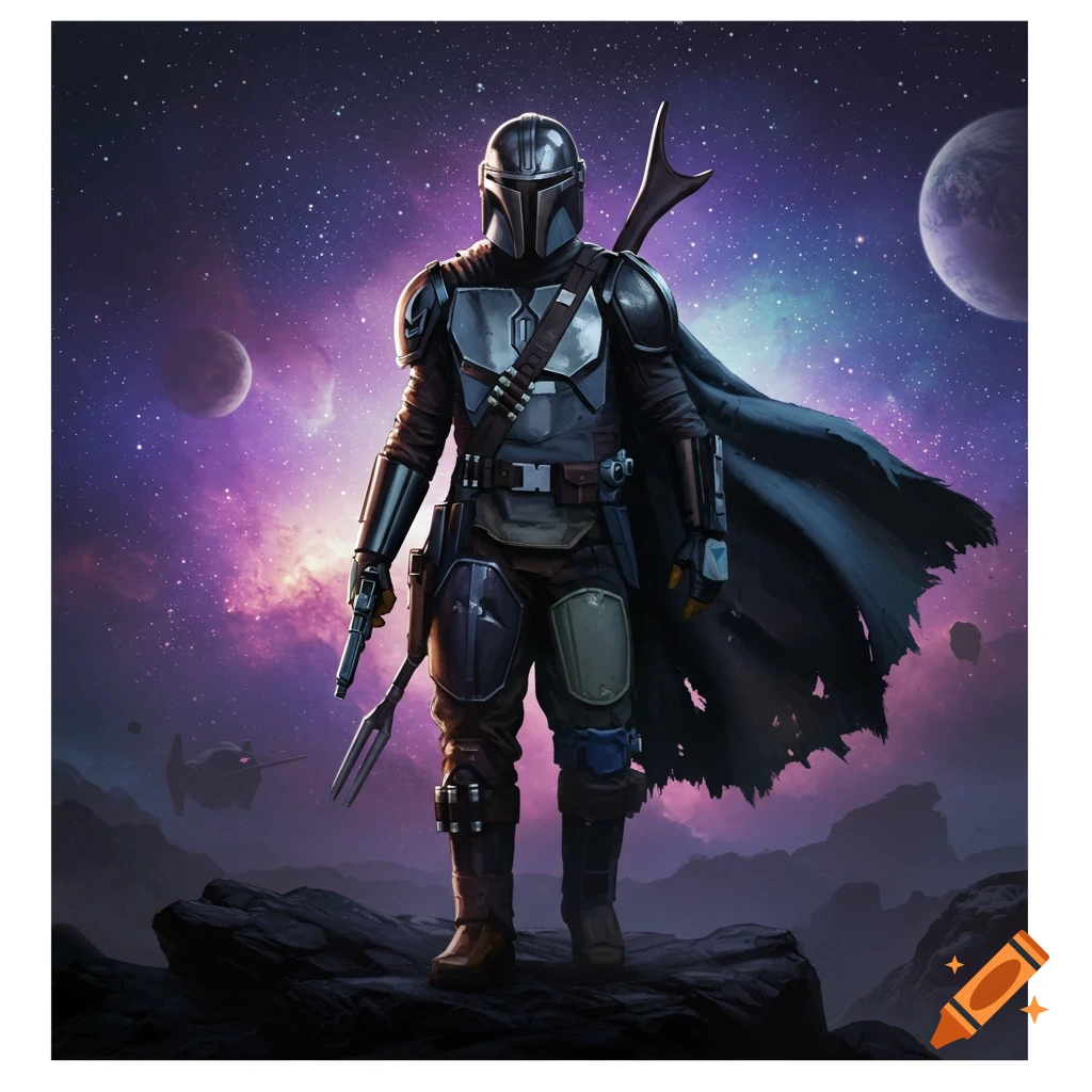 A Mandalorian-like armored character stands on a rocky alien planet against a vibrant purple galaxy with planets and stars.