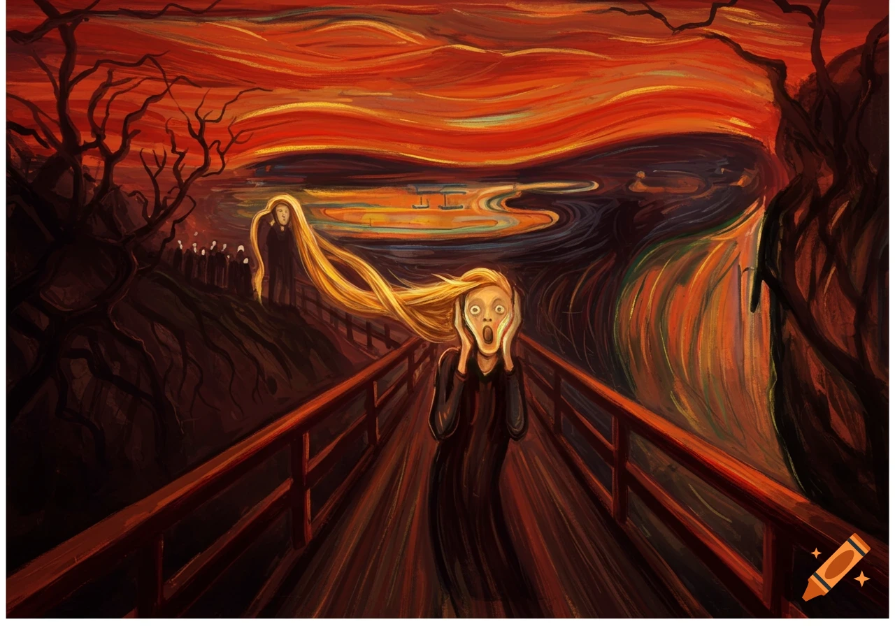 An artistic reinterpretation of "The Scream" featuring a long-haired blonde figure, resembling Rapunzel, screaming on a bridge under a fiery, swirling orange sky.