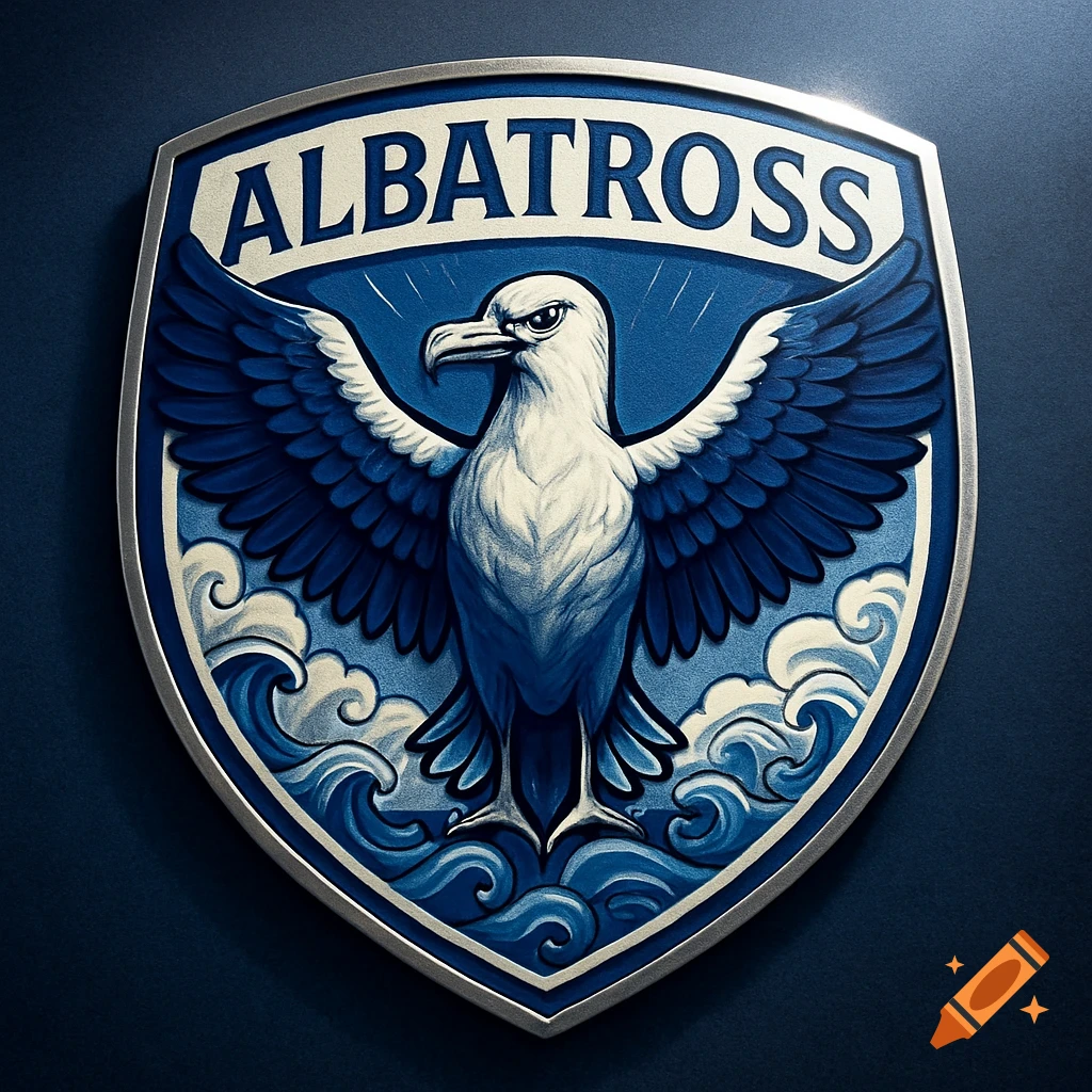 A shield-shaped crest featuring a majestic albatross with dark blue wings and a white body, set against a blue background with stylized waves. The word ALBATROSS is above the bird.