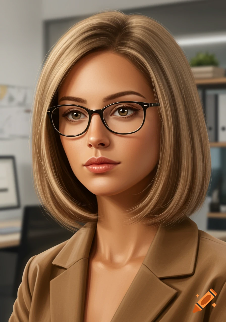 Photorealistic portrait of a woman with blonde bob haircut and glasses, wearing a brown blazer, in an office setting.