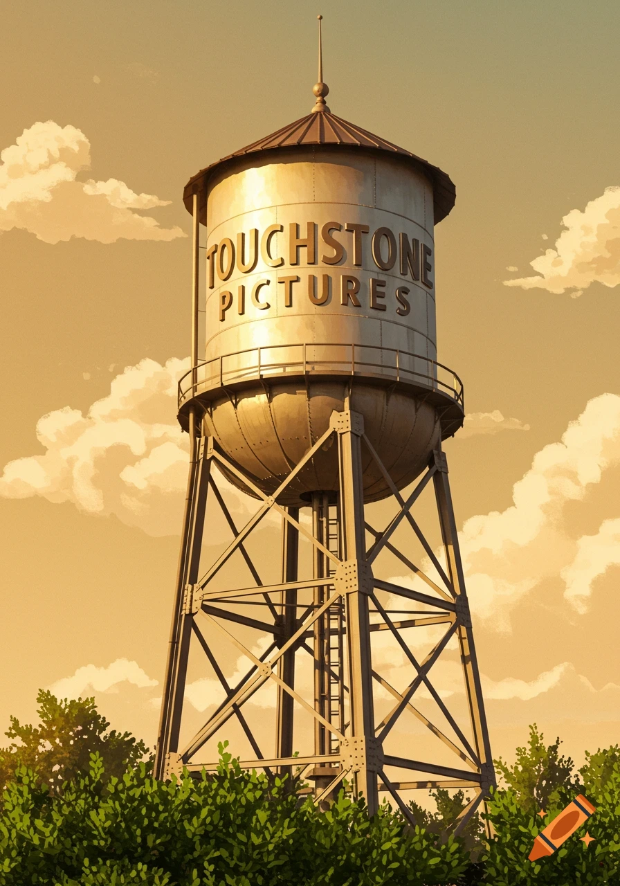 An illustrated water tower with 'TOUCHSTONE PICTURES' written on its tank, set against a warm, cloudy sky above green trees.
