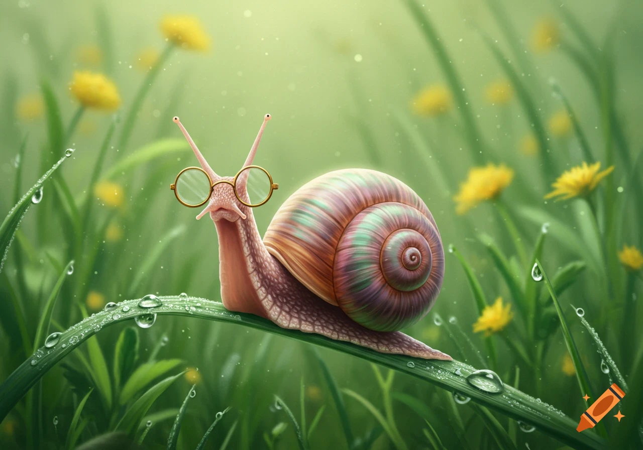 An illustrated snail wearing round glasses crawls on a dew-covered grass blade in a vibrant green field with yellow flowers.