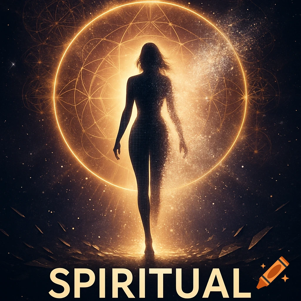 A silhouetted woman walks towards a glowing cosmic portal with sacred geometry patterns and the word 'SPIRITUAL' below.