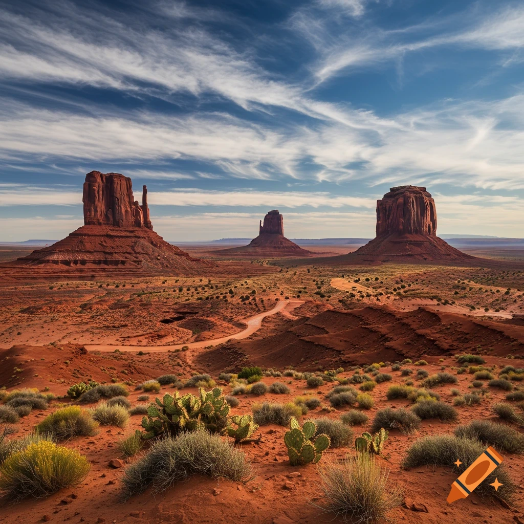 Photorealistic view of Monument Valley with three large red rock formations and a winding dirt road under a blue sky.