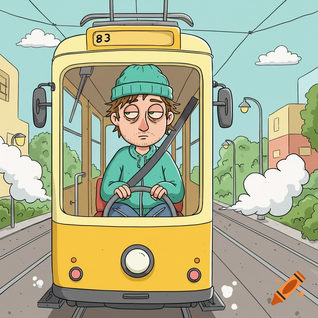 Cartoon man with a green beanie driving a yellow tram with the number 83 on a city street.