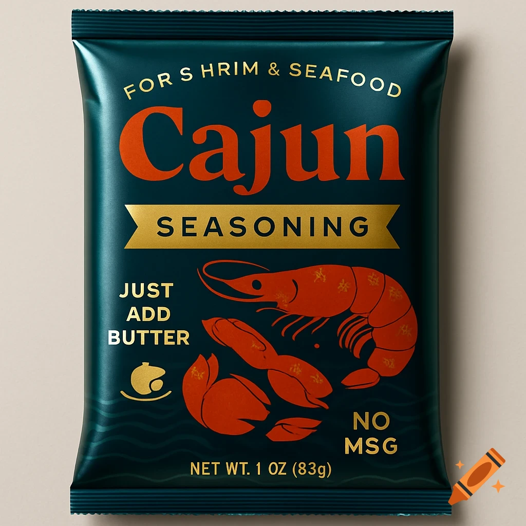 A teal foil packet of Cajun Seasoning for shrimp and seafood, featuring a shrimp and crawfish illustration. Text reads 'Just add butter' and 'No MSG'.