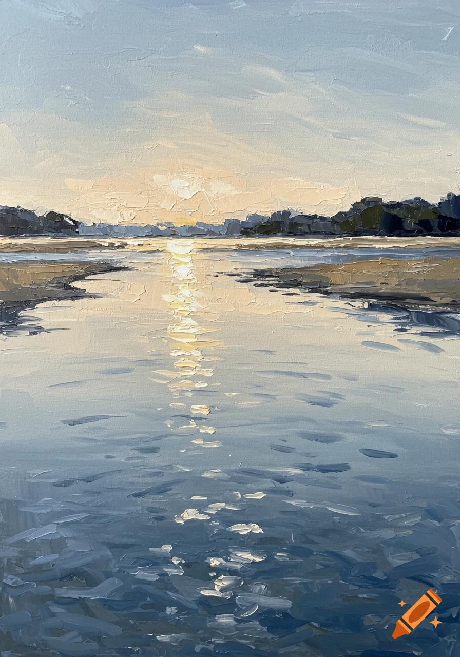 Abstract oil painting of a sunset reflecting on water with visible brushstrokes and muted colors.