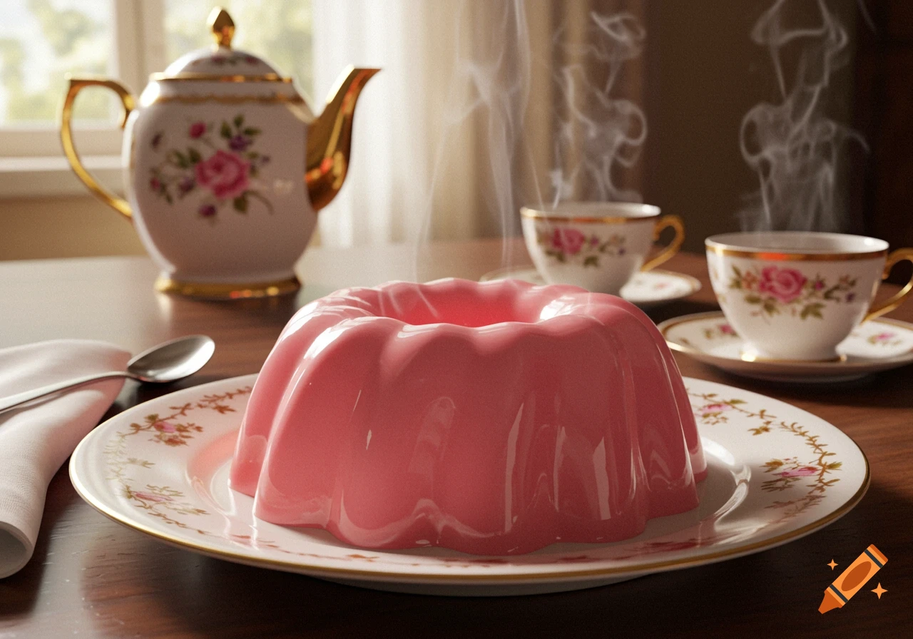 A pink blancmange dessert on a floral plate with a teapot and two steaming teacups on a wooden table.