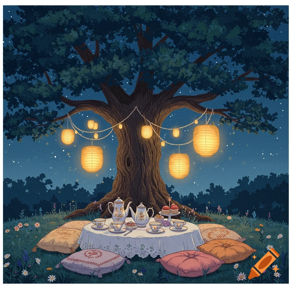 An illustrated nighttime scene of a tea party under a large tree with glowing lanterns and scattered pillows.