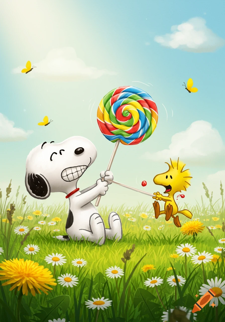 Snoopy and Woodstock playfully tugging on a large rainbow lollipop in a sunny field with flowers and butterflies.