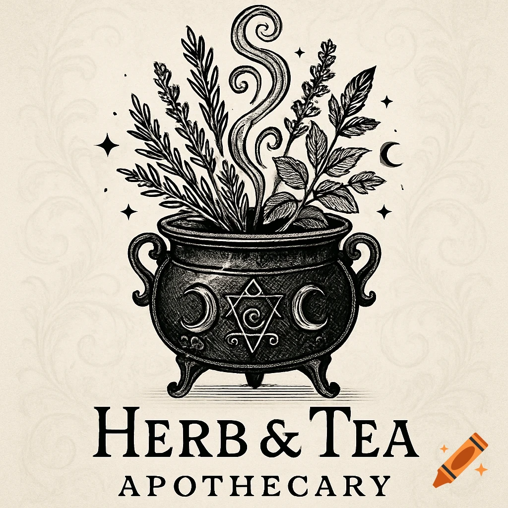 Black and white witchy logo featuring a cauldron filled with herbs and smoke, with the text 'Herb & Tea Apothecary' below.