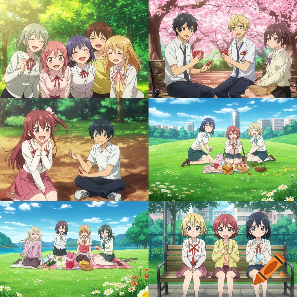 A grid of six cheerful anime scenes, depicting characters playing cards, picnicking, and laughing outdoors in parks.