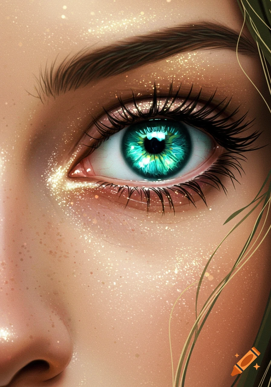 Close-up of a vibrant teal eye with long eyelashes, adorned with glittering sparkles on the eyelid and surrounding skin.