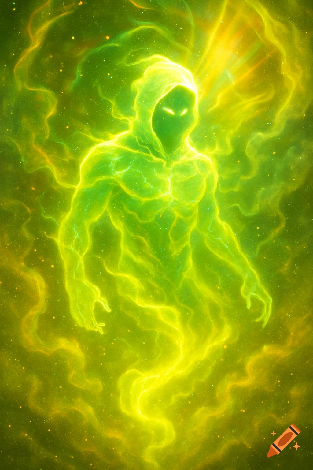 A glowing green and yellow ethereal figure with a hood and bright eyes against a swirling, starry background.