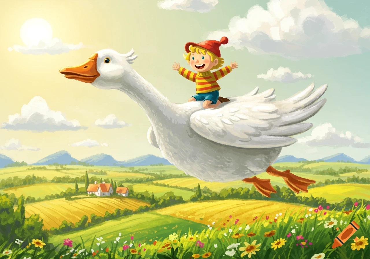 A happy cartoon child in a red hat and striped shirt rides on the back of a large white goose, flying over a sunny, green and yellow rural landscape with houses and mountains.