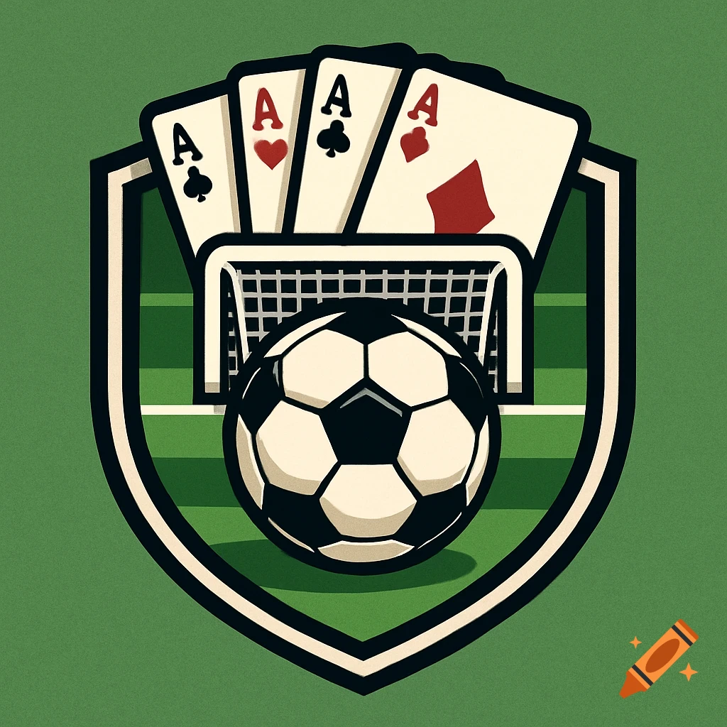 A logo featuring a soccer ball in front of a goal, with four ace playing cards fanned out above it, all enclosed within a shield shape.
