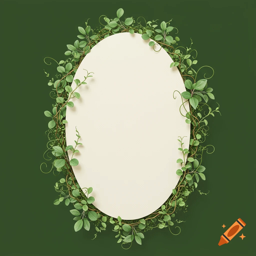 An empty cream-colored oval frame surrounded by green leaves and vines against a dark green background.