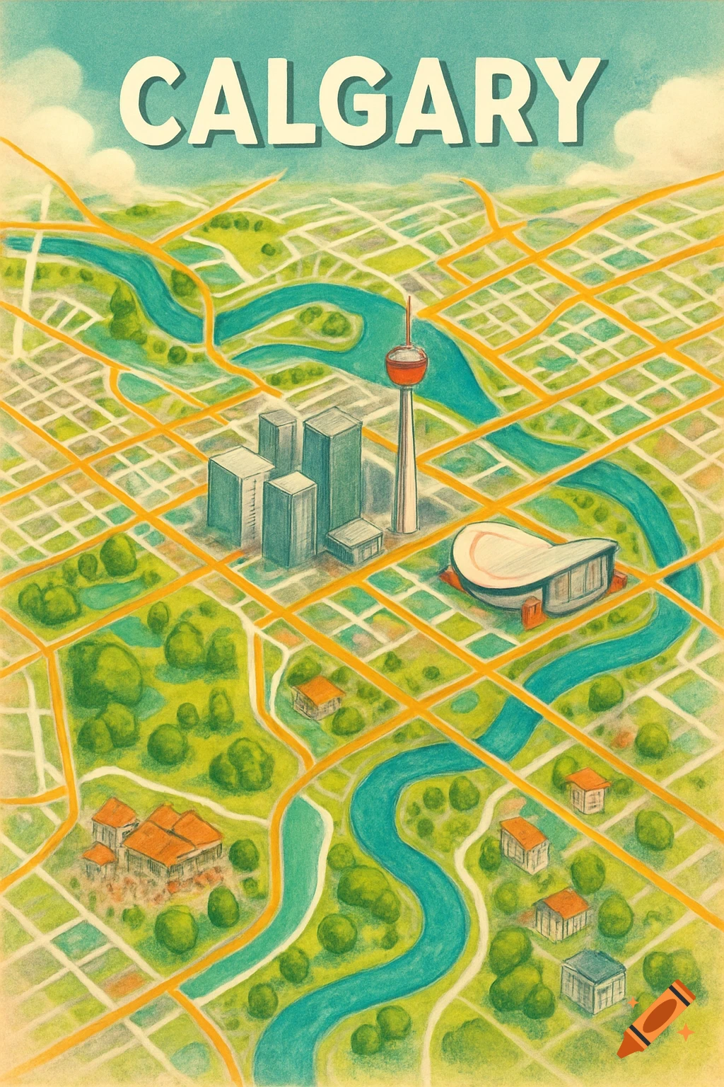 Stylized, colorful illustration map of Calgary, featuring the Calgary Tower, city buildings, and a river, with 'CALGARY' text.