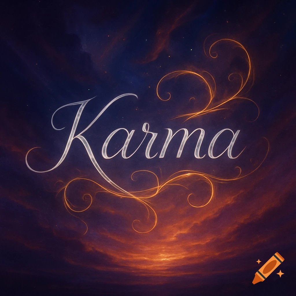 The word 'Karma' in elegant, glowing white script with golden swirls on a dark, cloudy, cosmic background.