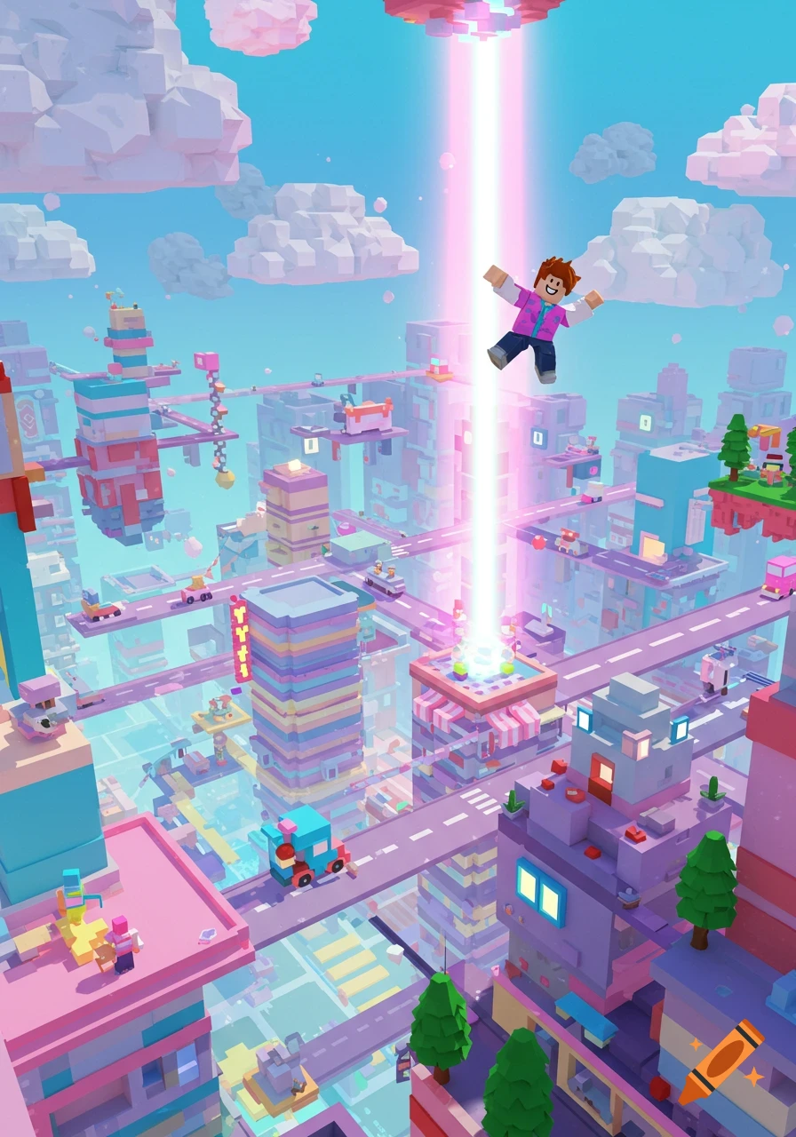 A vibrant blocky city with floating structures and roads, as a character is beamed up by a bright pink light ray.