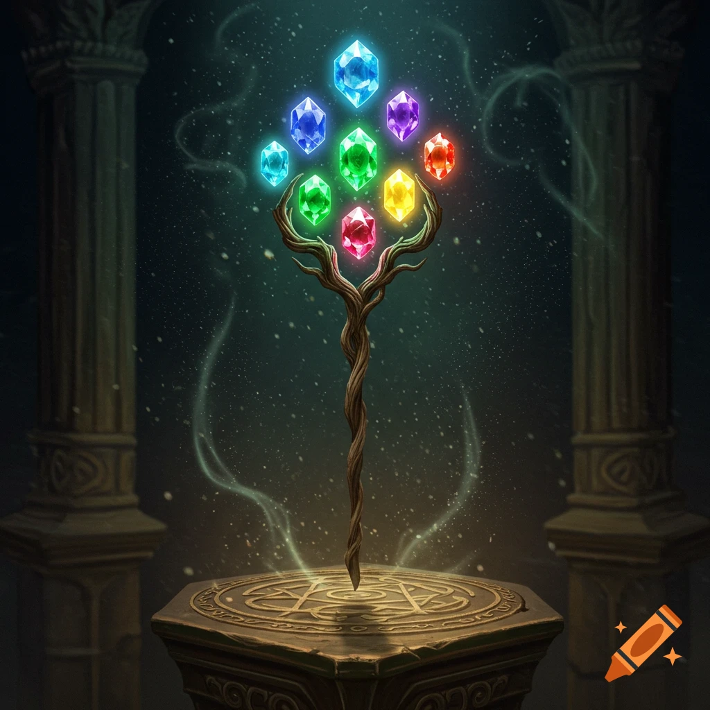 A magical staff with colorful glowing gems on a stone pedestal with symbols, in a dark fantasy setting.