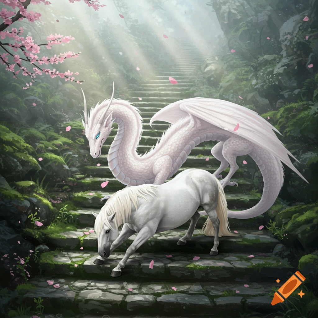 A white dragon and a white horse stretch on mossy stairs adorned with pink cherry blossoms in a misty, sunlit forest.